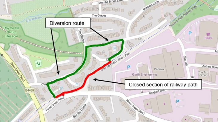 Closure and diversion at Clay Bottom on Bristol and Bath Railway Path.