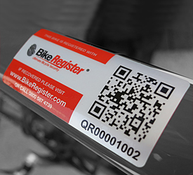 BikeRegister Membership Plus Kit: red sticker with a QR code on a bike