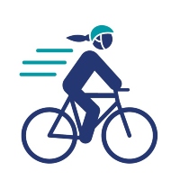 Icon of moving cycle, the rider wearing a helmet.
