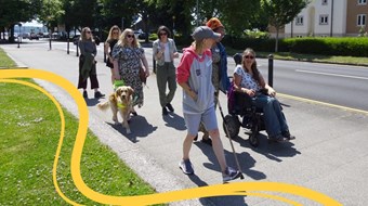 The cover of the Disabled Citizens' Inquiry report, showing a group of people walking and wheeling down a street on a sunny day