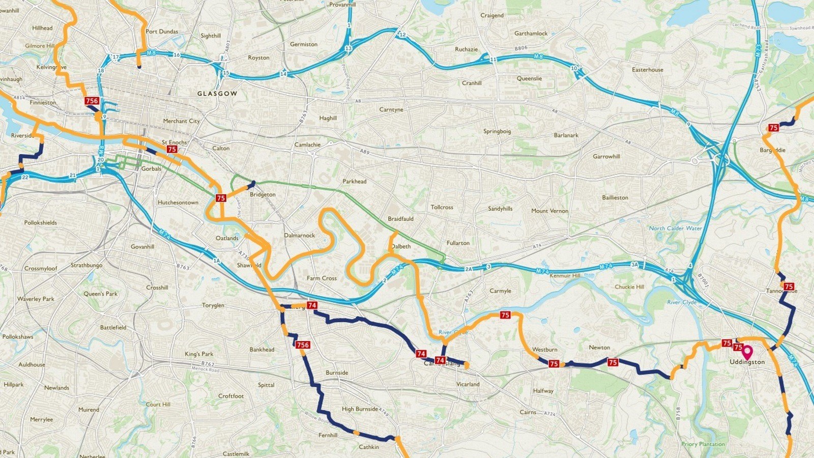 Map of bike ride from Glasgow Green to Uddingston via Clyde walkway