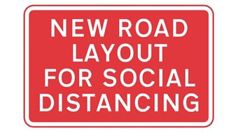 Red square icon reading New road layout for social distancing