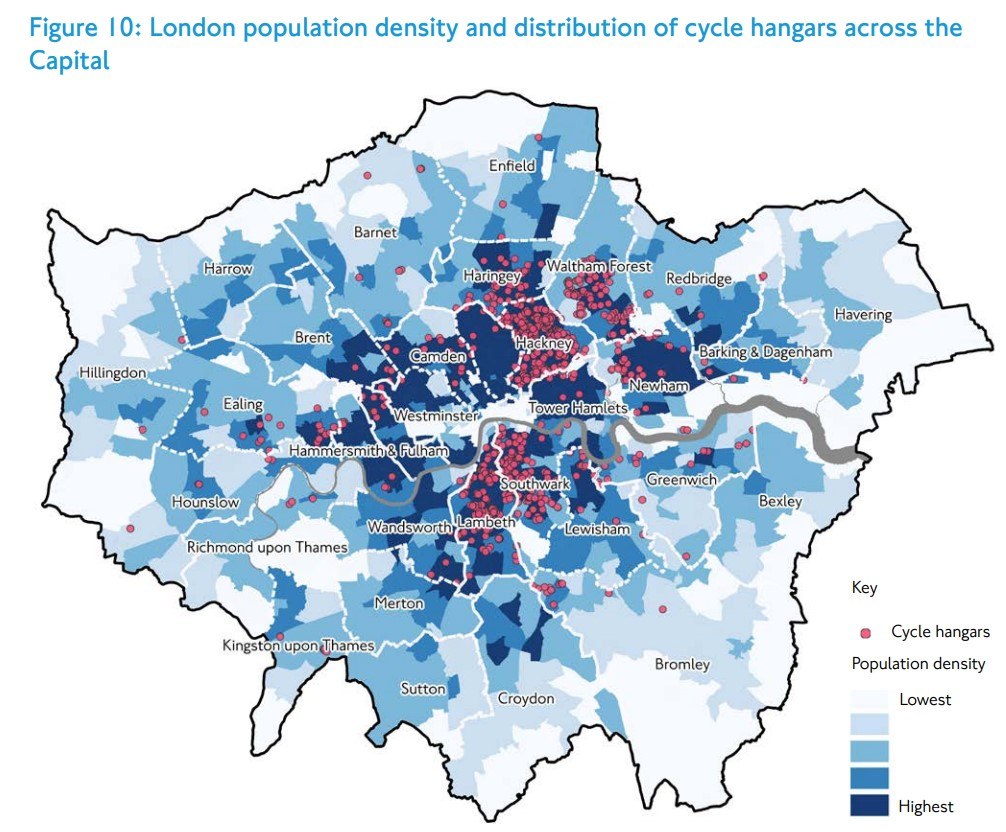 TfL map showing London population density compared to the distribution of cycle hangars across the capital
