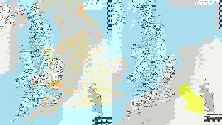 a screenshot of the uk map on the OSmaps website shows with an arrow where the layer symbol is in the bottom right corner