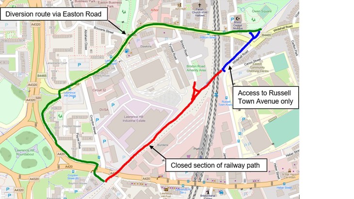 Diversion map for BBRP closure at Lawrence Hill.