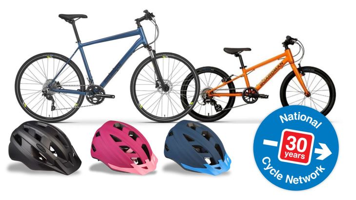Adult bike, child's bike and a selction of cycle helmets